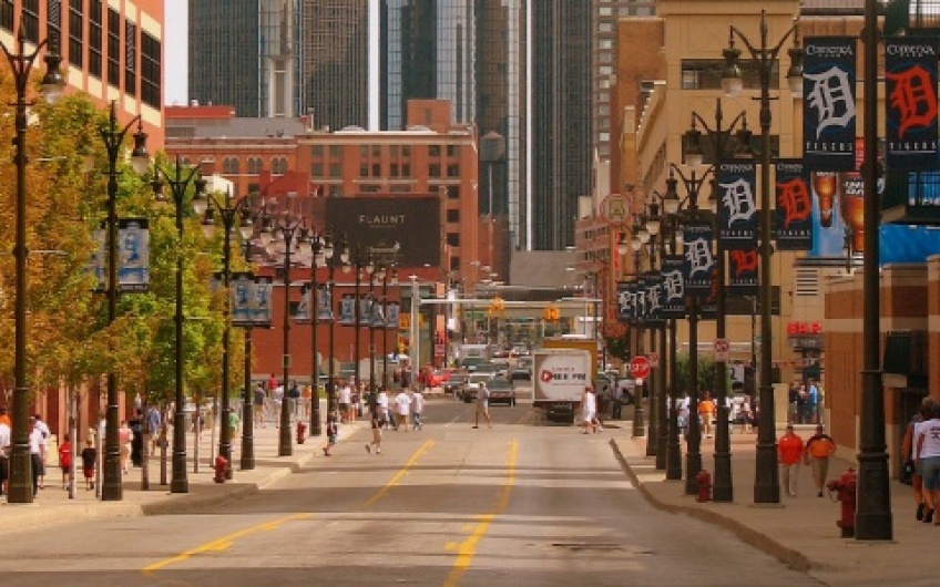 photo of Detroit's Corktown neighborhood with street in center and buildings on the left and right